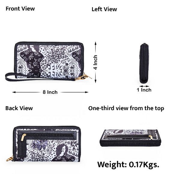 Hand Crafted Black Print Nylon Fabric Women Wristlet Wallets and Card Holder - Picture 3 of 8
